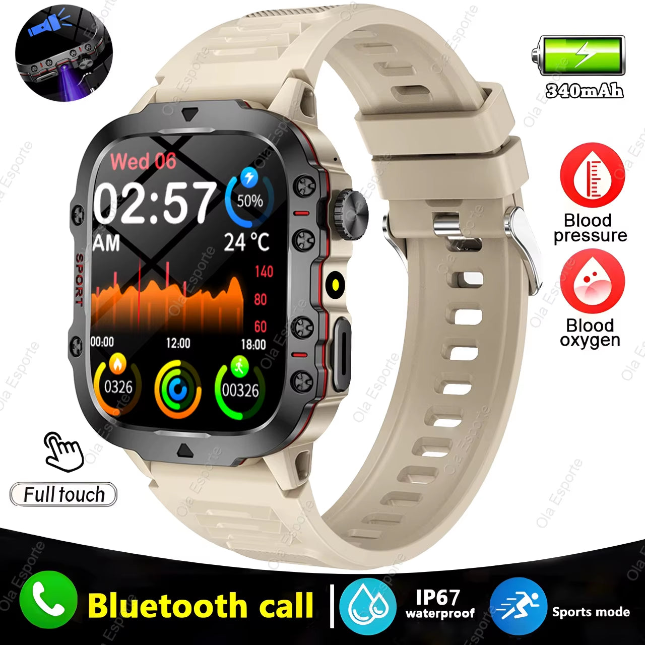 original men smartwatch flashlight bluetooth call fitness clock ip68 waterproof sports men