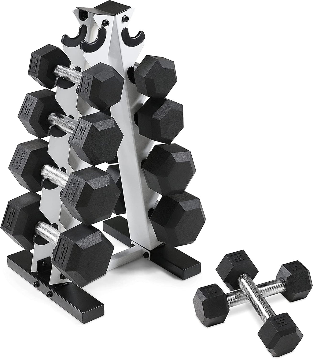 5-25Lb Rubber Coated Hex Dumbbell Set with a Frame Storage Rack Non-Slip Hex Shape