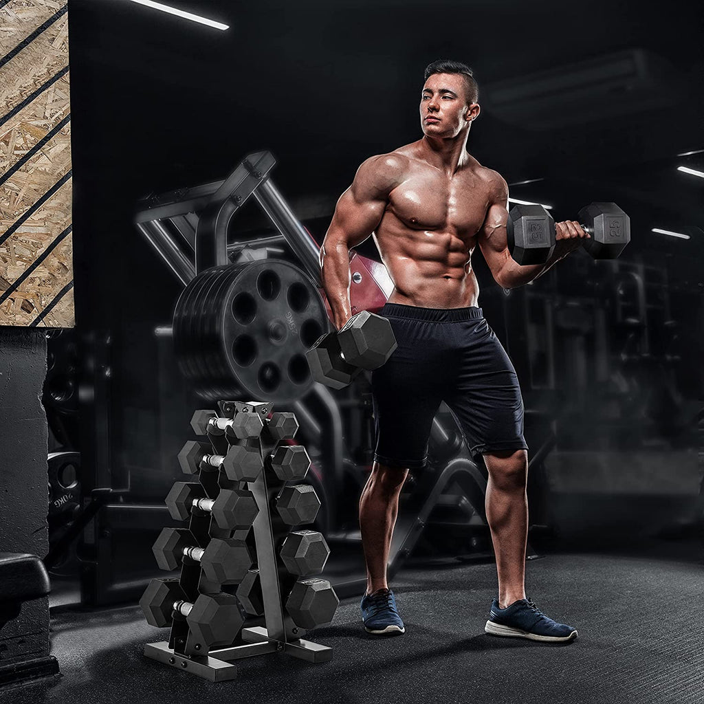 5-25Lb Rubber Coated Hex Dumbbell Set with a Frame Storage Rack Non-Slip Hex Shape