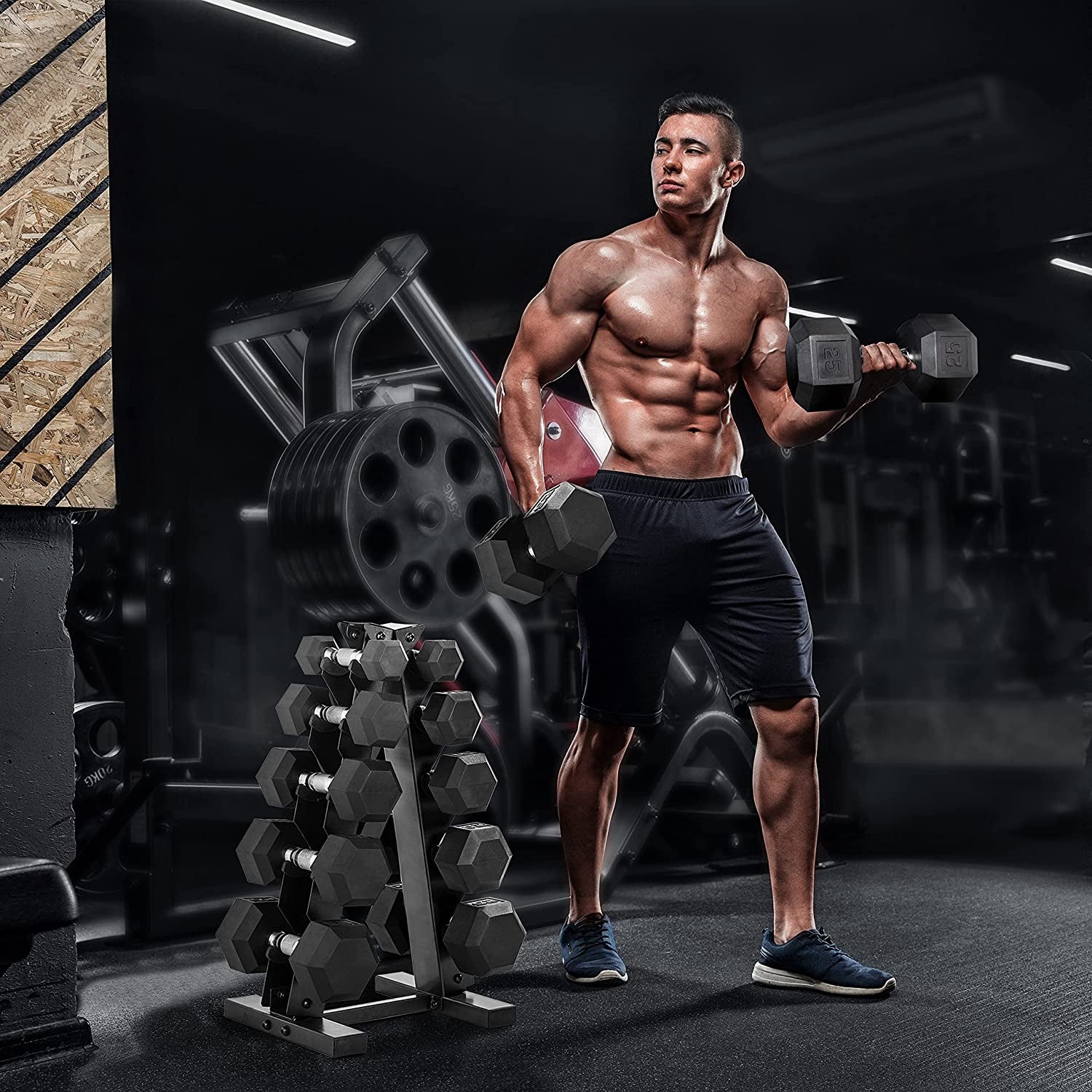 5-25Lb Rubber Coated Hex Dumbbell Set with a Frame Storage Rack Non-Slip Hex Shape
