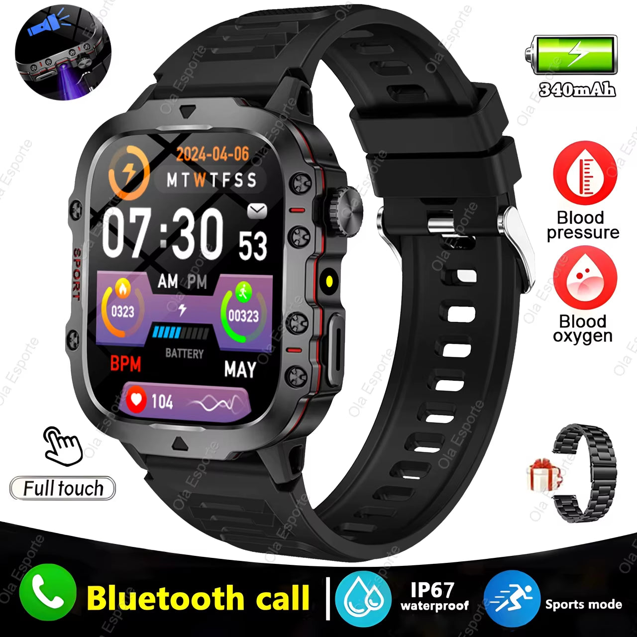 Original Men Smartwatch Flashlight Bluetooth Call Fitness Clock IP68 Waterproof Sports Men for Android IOS Smart Watch 