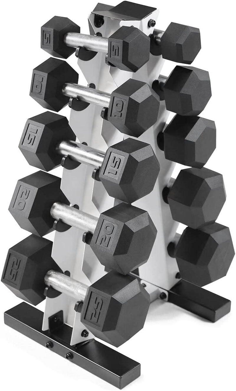 5-25Lb Rubber Coated Hex Dumbbell Set with a Frame Storage Rack Non-Slip Hex Shape