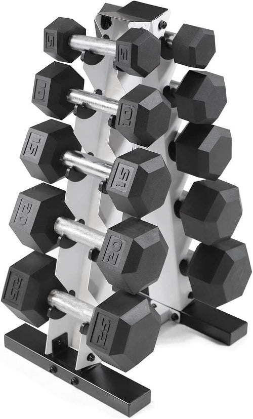 5-25Lb Rubber Coated Hex Dumbbell Set with a Frame Storage Rack Non-Slip Hex Shape