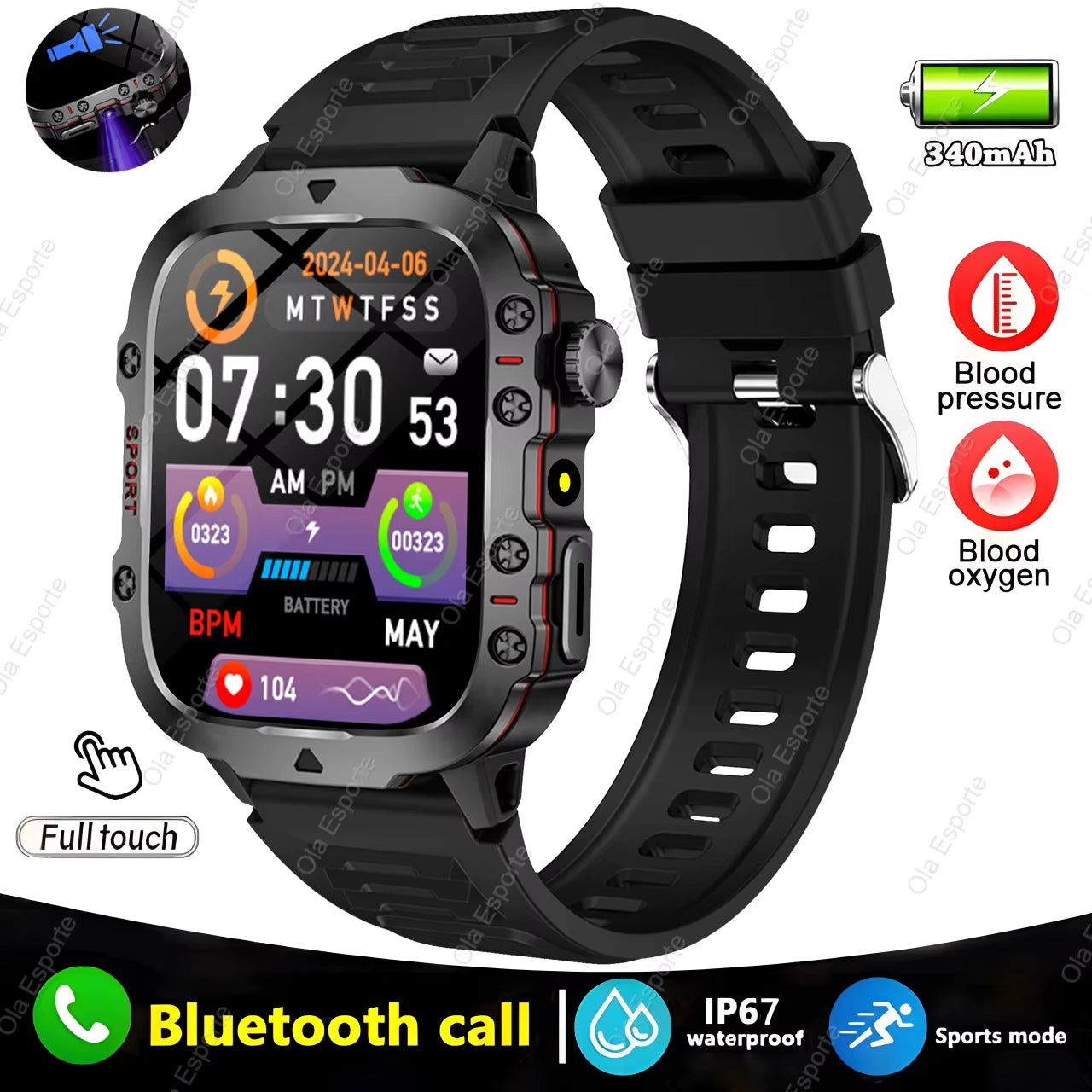 original men smartwatch flashlight bluetooth call fitness clock ip68 waterproof sports men