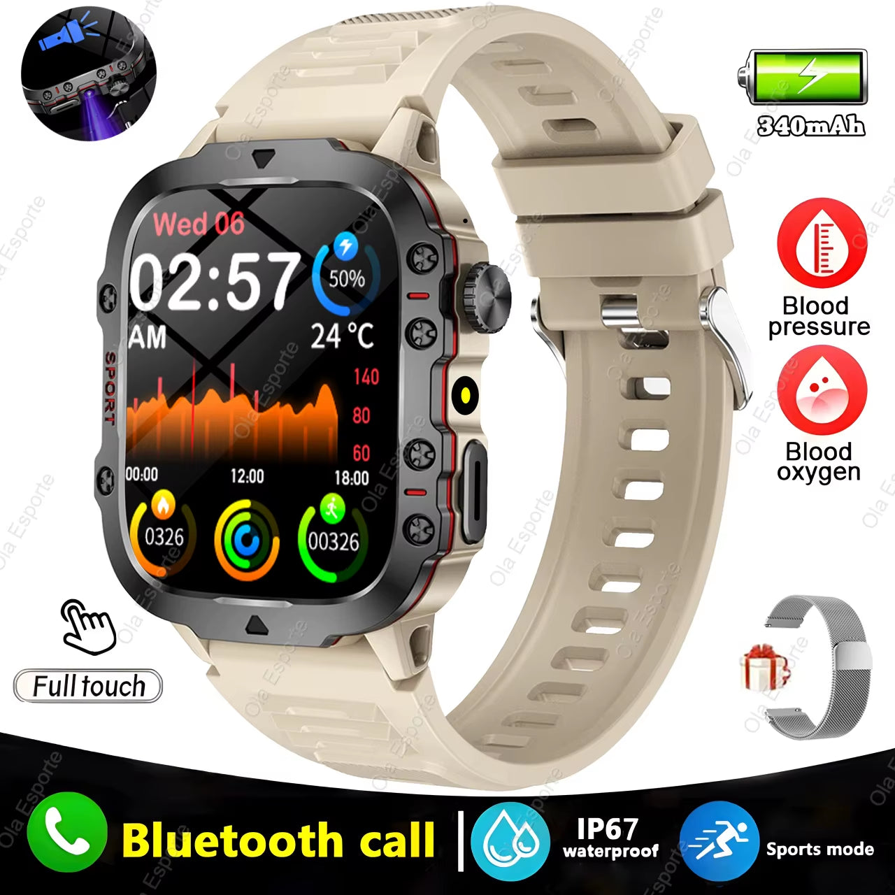 original men smartwatch flashlight bluetooth call fitness clock ip68 waterproof sports men