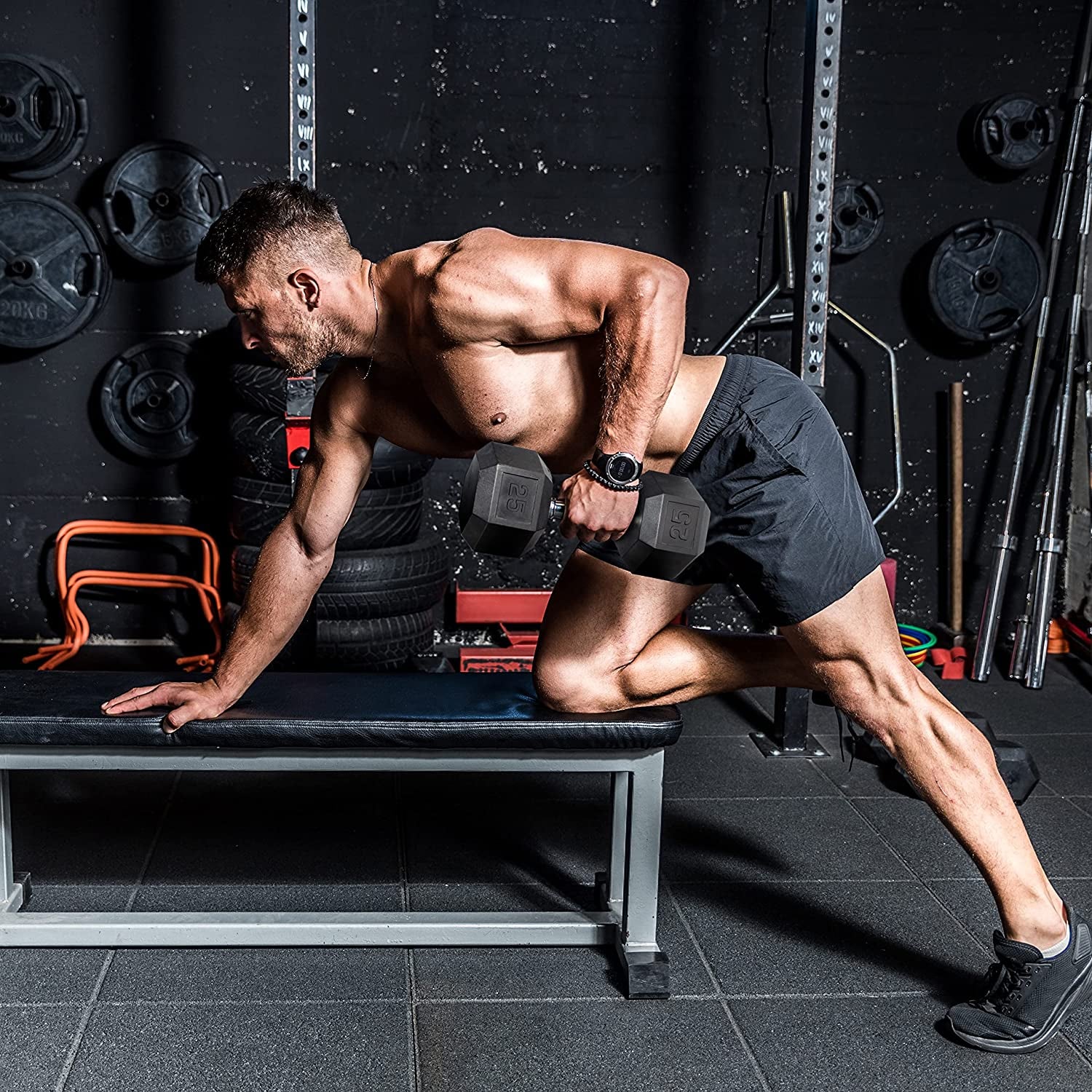5-25Lb Rubber Coated Hex Dumbbell Set with a Frame Storage Rack Non-Slip Hex Shape