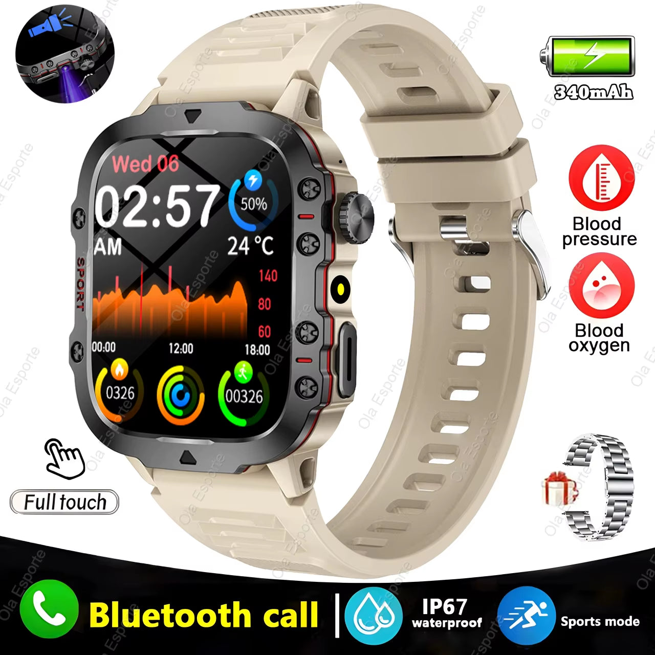 Original Men Smartwatch Flashlight Bluetooth Call Fitness Clock IP68 Waterproof Sports Men for Android IOS Smart Watch 