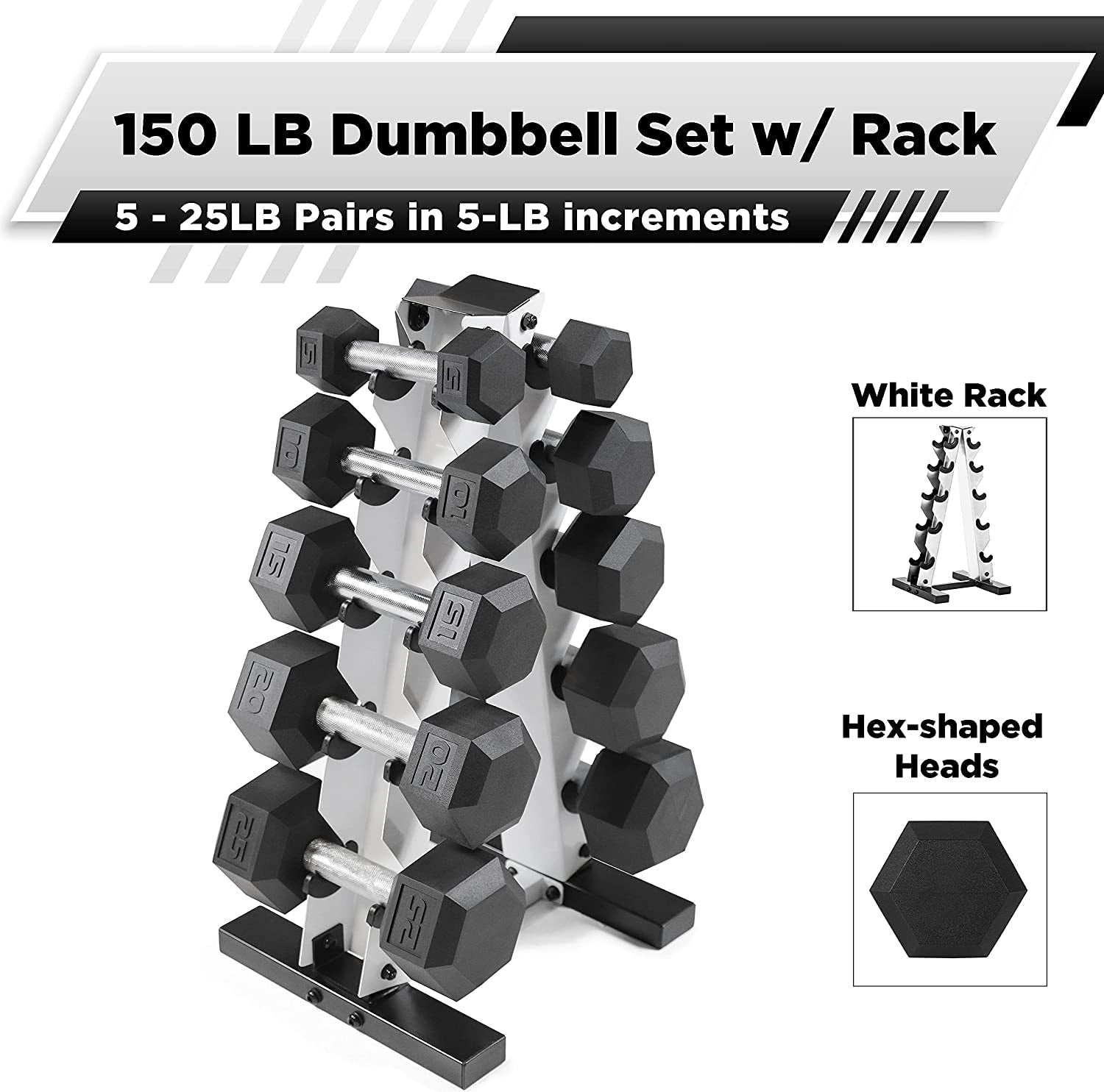 5-25Lb Rubber Coated Hex Dumbbell Set with a Frame Storage Rack Non-Slip Hex Shape