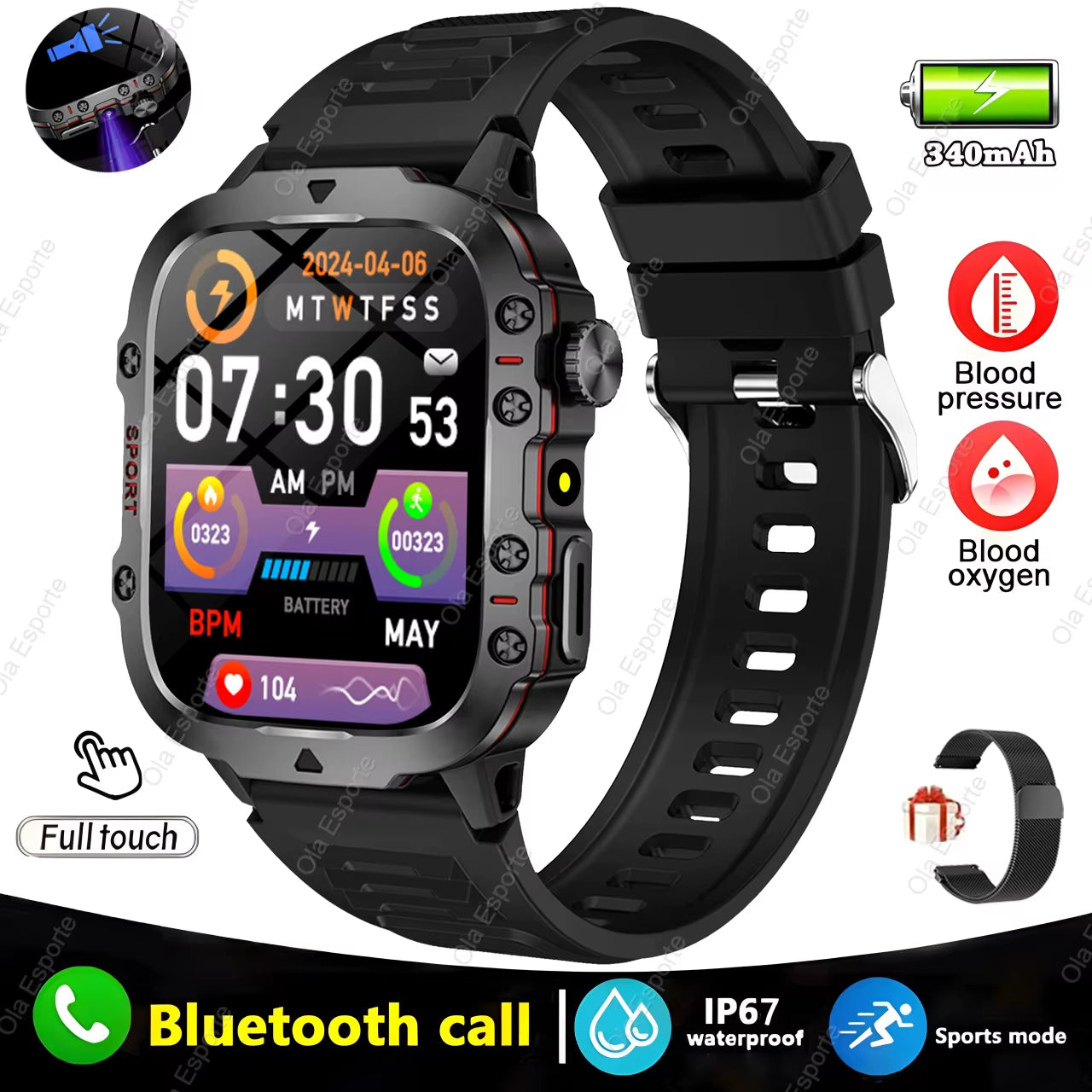 original men smartwatch flashlight bluetooth call fitness clock ip68 waterproof sports men