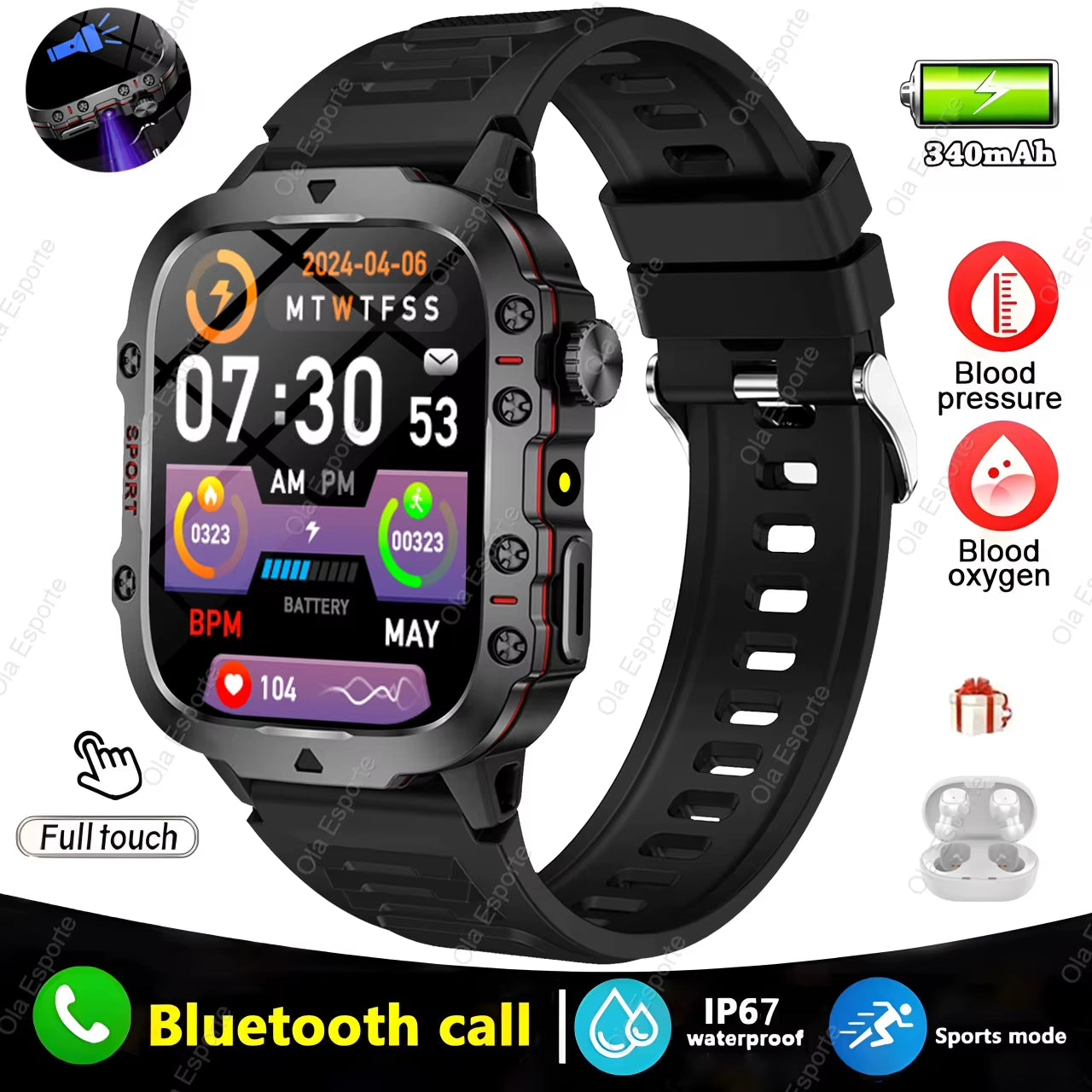Original Men Smartwatch Flashlight Bluetooth Call Fitness Clock IP68 Waterproof Sports Men for Android IOS Smart Watch 